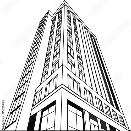 Tall rectangular office building with many windows