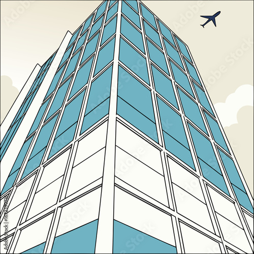 Modern glass office building with airplane in sky skyscraper