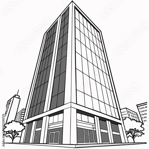 Tall office building in a city with trees and other structures