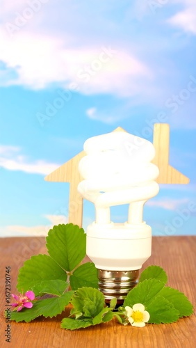 Eco-friendly light bulb on wooden table