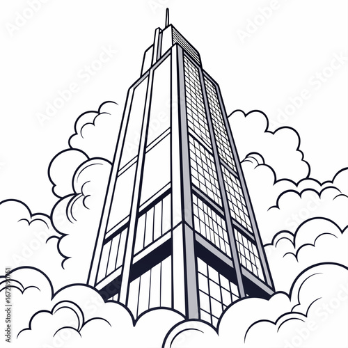 Tall Skyscraper Emerging from Clouds building architecture