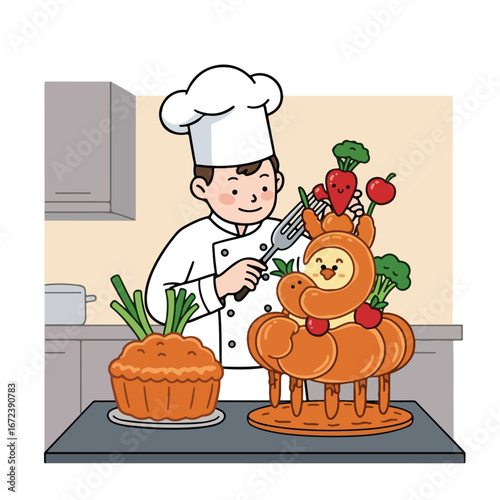 Chef decorating Carrot Sculpture in Kitchen