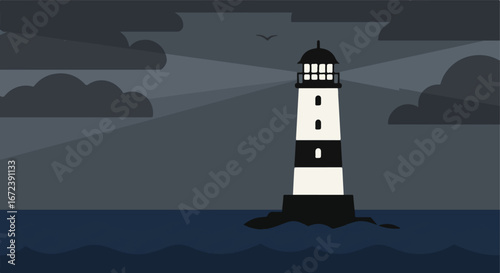 Lighthouse Beaming on Sea Under Stormy Sky