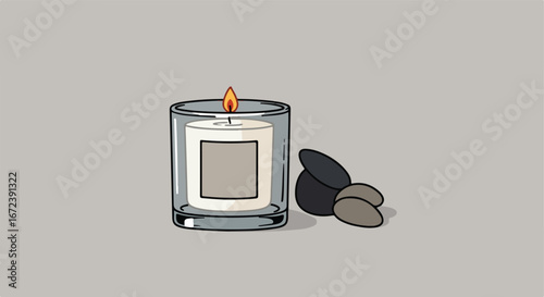 Candle burning softly next to smooth rocks in calm studio environment