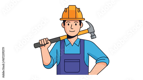 Construction Worker with Hammer: A skilled construction worker, dressed in a protective helmet and workwear, confidently holds a hammer.