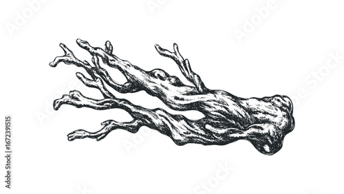 Detailed sketch of a gnarled driftwood branch with textured surface. Vector hand drawn illustration