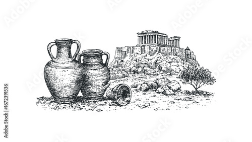 Ancient Amphorae and Acropolis Scene Hand Drawn Sketch. Vector hand drawn illustration