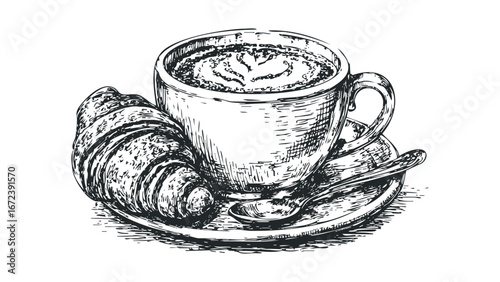 Sketch of a Coffee Cup with Croissant and Spoon on Saucer. Vector hand drawn illustration