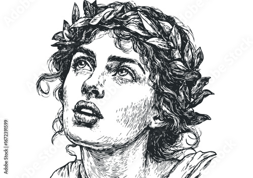 Young person wearing a laurel wreath looking upwards in a sketch style. Vector hand drawn illustration