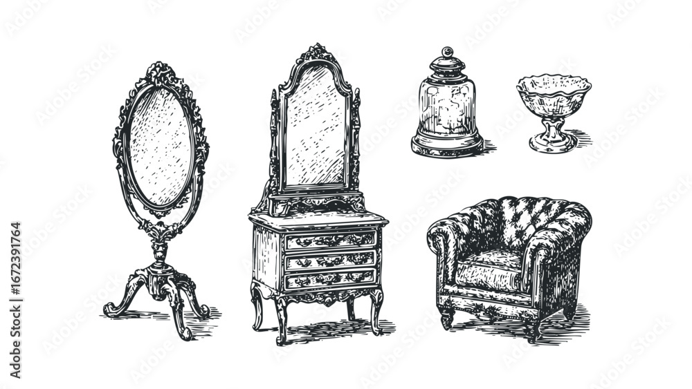 Victorian era furniture ensemble with ornate mirrors, armchair, and glass cloches. Vector hand drawn illustration