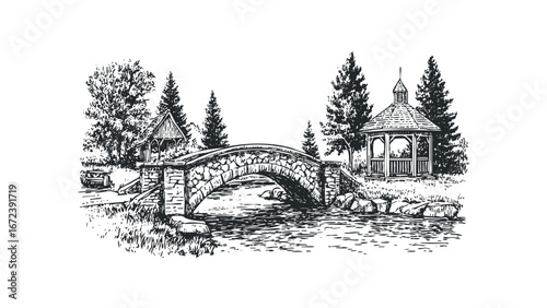 Hand-drawn sketch of a stone bridge over a creek with a gazebo and trees. Vector hand drawn illustration