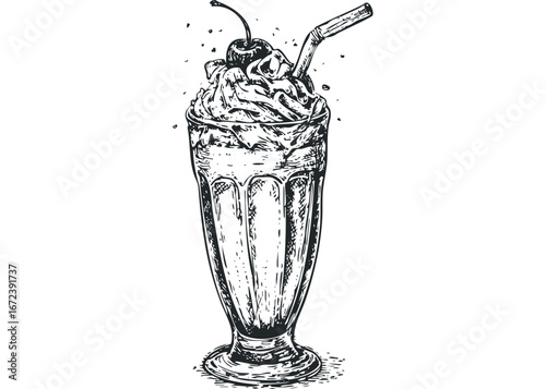 Hand Drawn Sketch of a Delicious Cherry Topped Milkshake in a Tall Glass. Vector hand drawn illustration