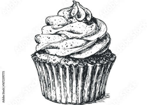 Hand Drawn Sketch of Frosted Cupcake with Swirled Topping. Vector hand drawn illustration