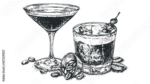 Sketch of Two Coffee Cocktails and Scattered Beans. Vector hand drawn illustration