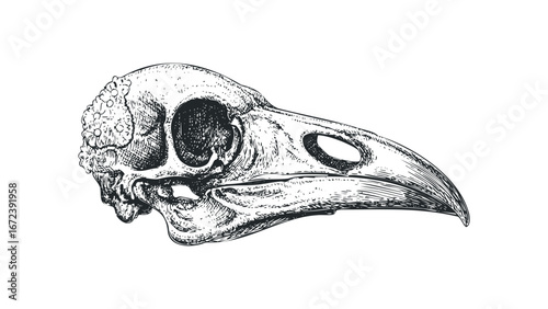 Detailed sketch of a bird skull with cross-hatching. Vector hand drawn illustration