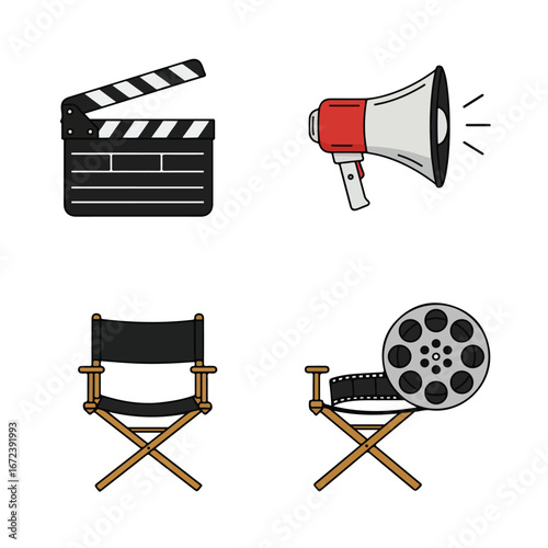 Movie Set Elements Clapperboard, Megaphone, Director's Chairs and Film Reel