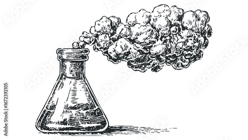 Hand drawn sketch of smoking laboratory flask emitting cloud of vapor. Vector hand drawn illustration
