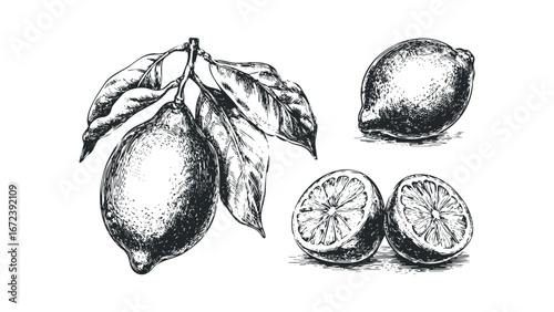 Hand Drawn Sketch of Lemons and Leaves on White Background. Vector hand drawn illustration