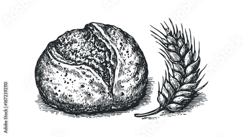 Rustic loaf of bread beside a ripe wheat stalk in a hand-drawn graphic style. Vector hand drawn illustration