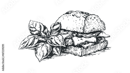 Hand-drawn sketch of a stacked sandwich with fresh basil leaves. Vector hand drawn illustration