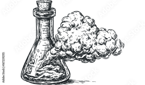 Sketch of Chemical Reaction in Flask Emitting Smoke. Vector hand drawn illustration