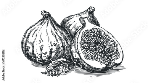Detailed Line Drawing of Fresh Ripe Figs with One Cut Open. Vector hand drawn illustration
