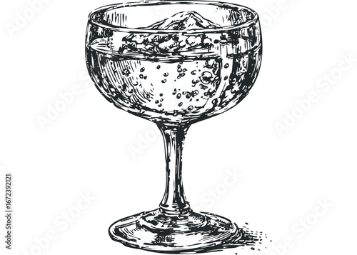 Sketch of a Glass Filled With Fizzy Beverage and Ice Cubes. Vector hand drawn illustration