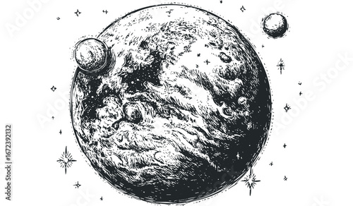 Monochromatic planet with textured surface and orbiting celestial body. Vector hand drawn illustration
