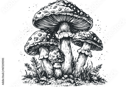 Group of Detailed Amanita Muscaria Mushrooms in Black and White Linocut Style. Vector hand drawn illustration