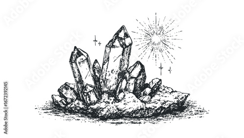 Hand drawn cluster of quartz crystals with emanating light. Vector hand drawn illustration
