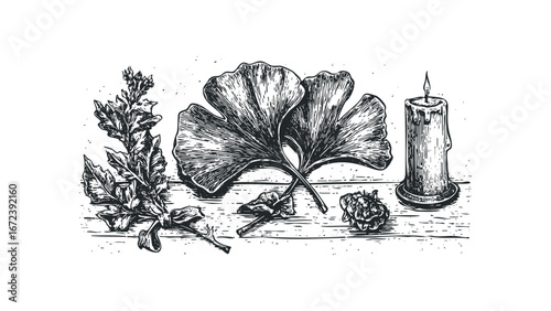 Vintage botanical arrangement with leaves and burning candle. Vector hand drawn illustration