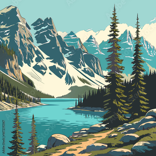 Serene mountain lake with pine trees and rocky shoreline