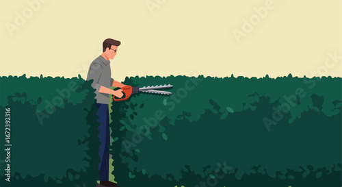 Man Trimming Hedge with Electric Trimmer in Garden