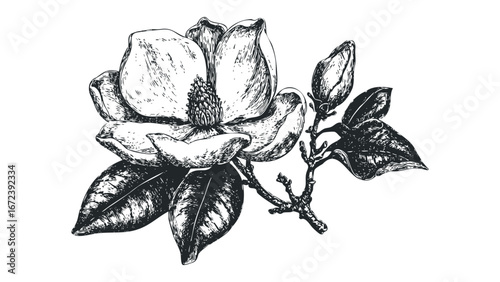 Detailed black and white sketch of a blooming magnolia flower with leaves and bud. Vector hand drawn illustration