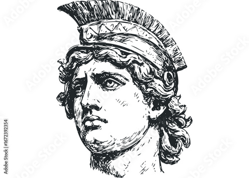Black and White Sketch of a Warrior's Head in Helmet. Vector hand drawn illustration