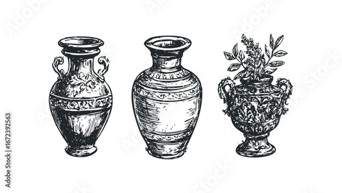 Collection of three ornate, sketched vases with botanical elements on a white background. Vector hand drawn illustration