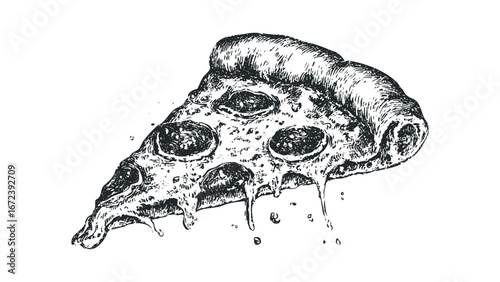 Detailed ink sketch of a dripping slice of pepperoni pizza. Vector hand drawn illustration
