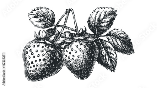 Hand-drawn sketch of two ripe strawberries with leaves on a vine. Vector hand drawn illustration
