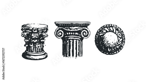 Ancient Column Capitals and Base Isolated on White Background. Vector hand drawn illustration