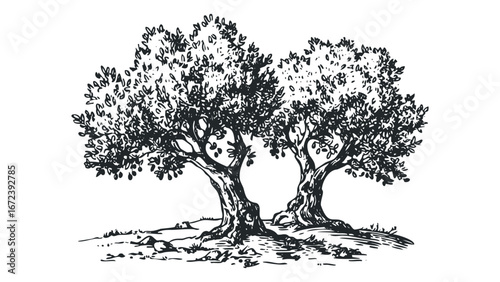 Two mature olive trees with textured bark and dense foliage in a sketch style. Vector hand drawn illustration