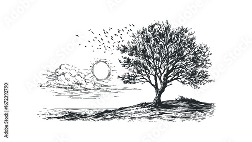 Solitary tree on grassy hill with flock of birds flying past during daytime. Vector hand drawn illustration