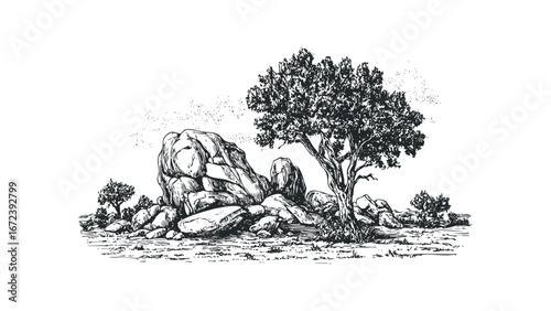Black and White Sketch of Tree with Rocky Outcrop in Arid Landscape. Vector hand drawn illustration