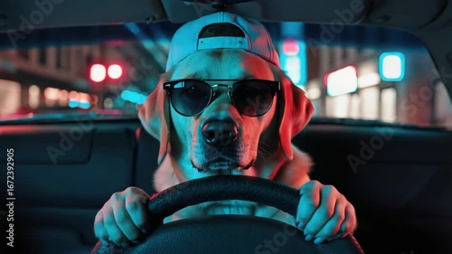Golden labrador dog holding steering wheel while driving car at night, wearing sunglasses and baseball cap, with city lights in background, creating humorous and stylish image