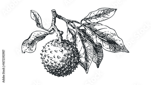 Detailed ink sketch of a spiky exotic fruit hanging from a branch with leaves. Vector hand drawn illustration