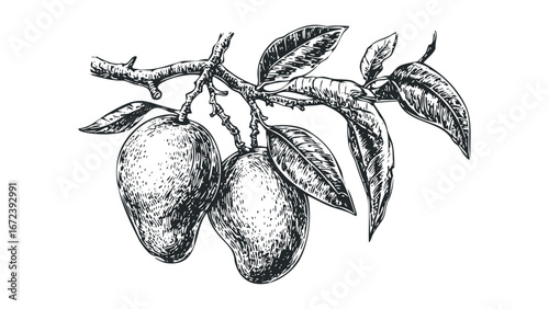 Hand Drawn Sketch of Two Ripe Mangoes on a Branch with Leaves. Vector hand drawn illustration