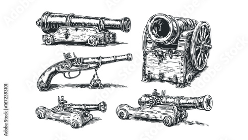 Collection of historical cannons and a flintlock pistol in sketch style. Vector hand drawn illustration