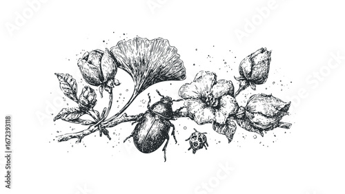Detailed Ink Sketch of Beetle and Flowers on a Branch. Vector hand drawn illustration