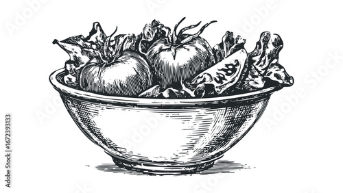 Hand drawn still life of tomatoes and leafy greens in a bowl. Vector hand drawn illustration