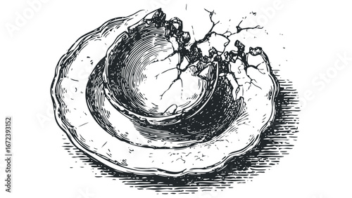 Broken ceramic plate with jagged edge fragments. Vector hand drawn illustration