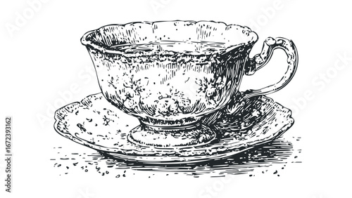 Detailed Ink Drawing of Ornate Floral Teacup and Saucer Filled with Liquid. Vector hand drawn illustration